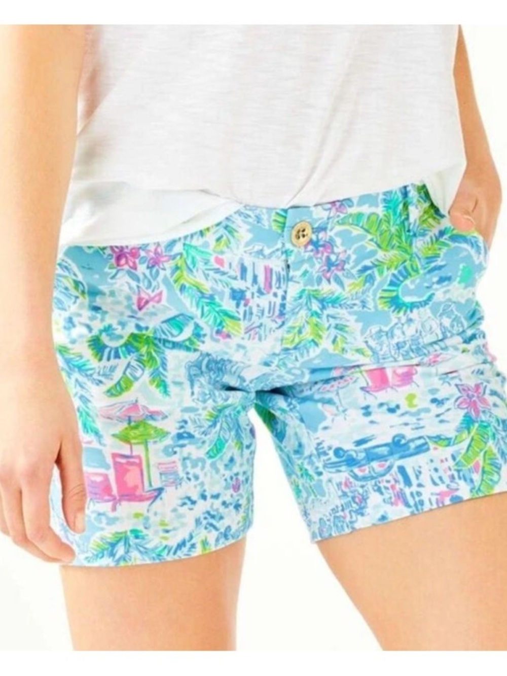 Tropical Print Women’s Shorts in Aqua with Pink & Green Accents